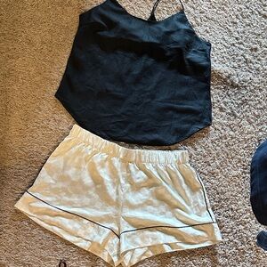 Victoria Secret Black Satin Cami & Cream Checkered Trim Shorts Set